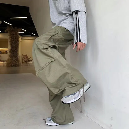 HOUZHOU Green Cargo Pants Men Japanese Oversize Wide Leg Trousers Male Black Loose Casual Streetwear Hip Hop Safari Style