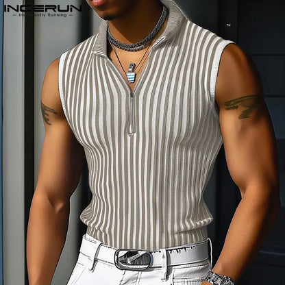 Fashion Casual Style Tops INCERUN New Mens Striped Design Vests Summer Streetwear Male Gym Lapel Sleeveless Tank Tops S-5XL 2024