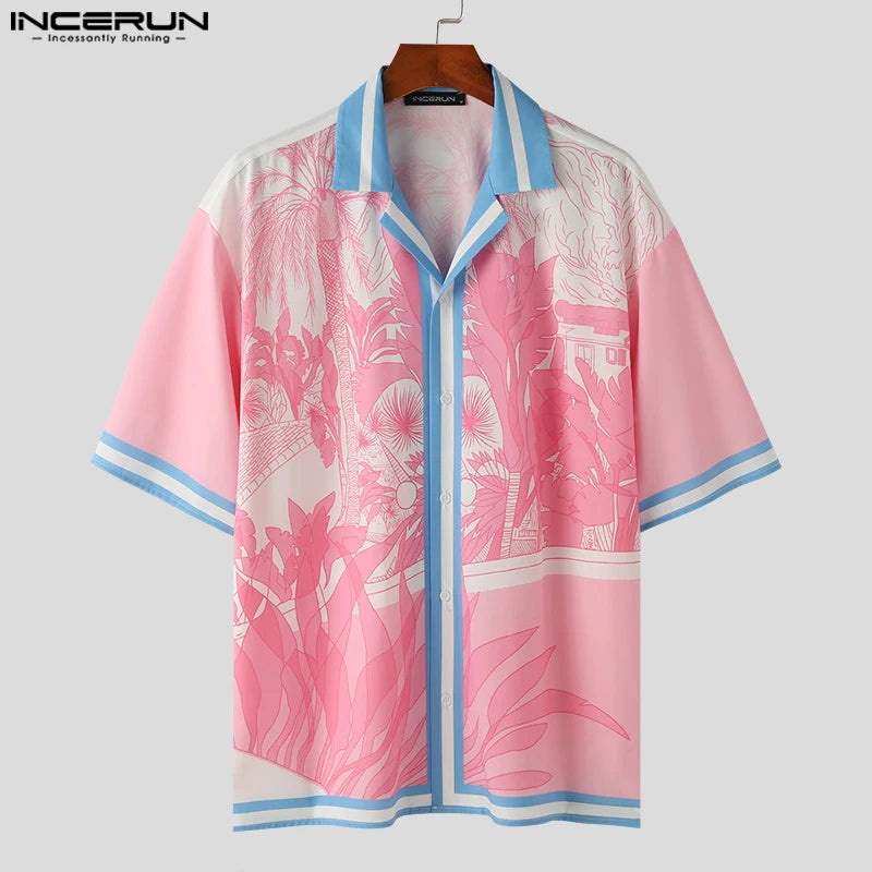 INCERUN Tops 2024 American Style Fashion New Mens Pink Floral Blue Stripe Shirts Summer Streetwear Male Mid Sleeved Shirts S-5XL