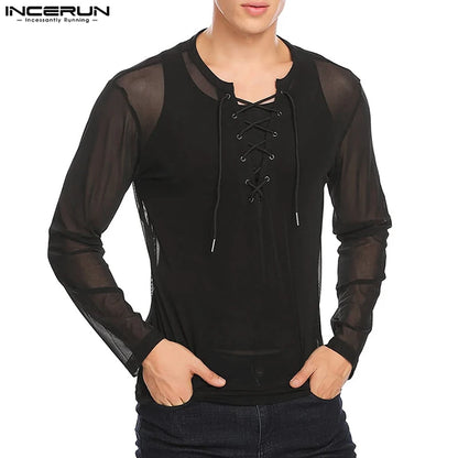 INCERUN Tops 2023 Style américain Hommes Mode Sexy Maille Cordon T-shirts Loisirs Confortable Mince Manches Longues Camiseta S-3XL