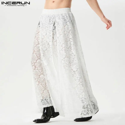 INCERUN 2024 American Style Sexy Mens Pantalons Lace Hollow Slit Design Pants Casual Party Shows Hot Selling Thin Trousers S-5XL