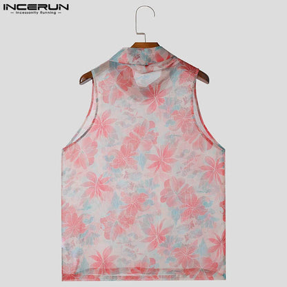 INCERUN Tops 2024 Fashion Mens Printed Chiffon Perspective Vests Summer Streetwear Hot Sale High Neck Sleeveless Tank Tops S-5XL