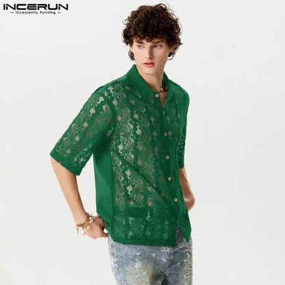 Fashion Well Fitting Tops INCERUN Handsome Men's Perspective Jacquard Shirts Casual Streetwear Lapel Short Sleeved Blouse S-5XL