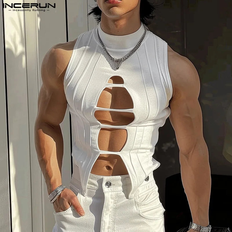 INCERUN Tops 2024 American Style Men's Hollow Semi High Neck Knitted Vests Fashion Sexy Male Hot Sale Sleeveless Tank Tops S-5XL