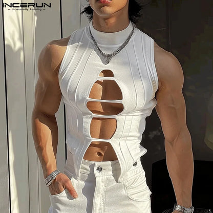 INCERUN Tops 2024 American Style Men's Hollow Semi High Neck Knitted Vests Fashion Sexy Male Hot Sale Sleeveless Tank Tops S-5XL