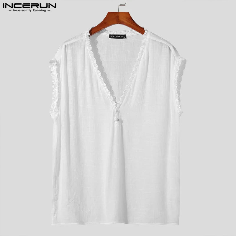 INCERUN Tops 2024 Style coréen Hommes Perspective Décontractée Col en V Gilets Mode Irrégulière Ligne Épissage Sans Manches Débardeurs S-5XL