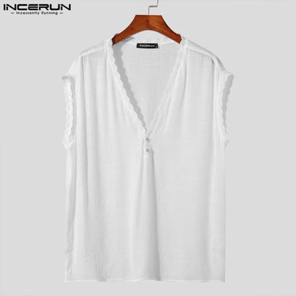 INCERUN Tops 2024 Koreanischen Stil Herren Casual Perspektive V-Ausschnitt Westen Mode Unregelmäßige Linie Spleißen Ärmellose Tank Tops S-5XL