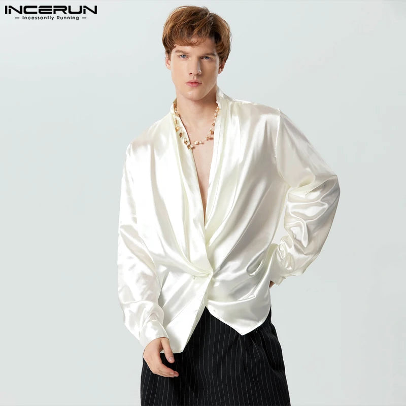 INCERUN Tops 2024 American Style Fashion Men Swing Collar Satin Blazer Casual Solid All-match Male Long Sleeved Suit Coats S-5XL