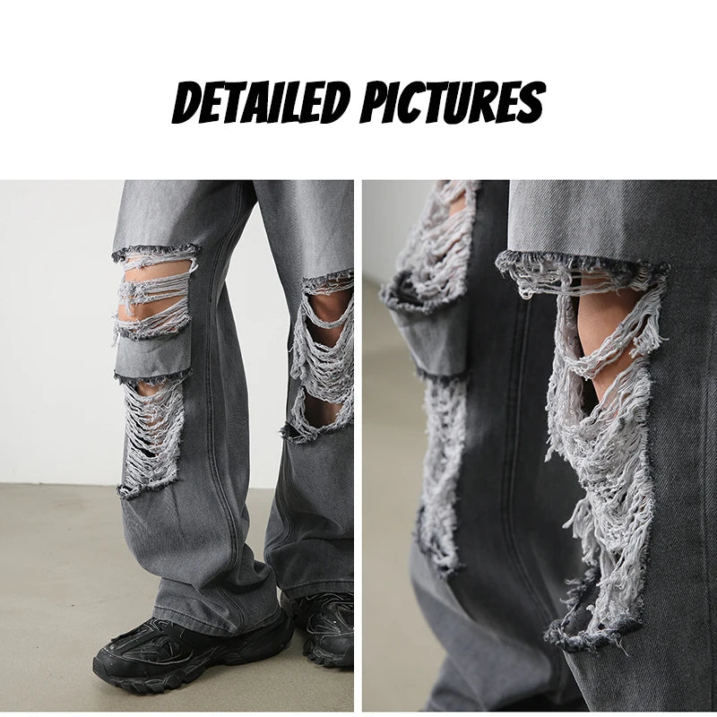 HOUZHOU Harajuku Ripped Jeans Men Wide Leg Pants Oversize Hip Hop Darkwear Denim Trousers Male Casual Japanese Streetwear Hole