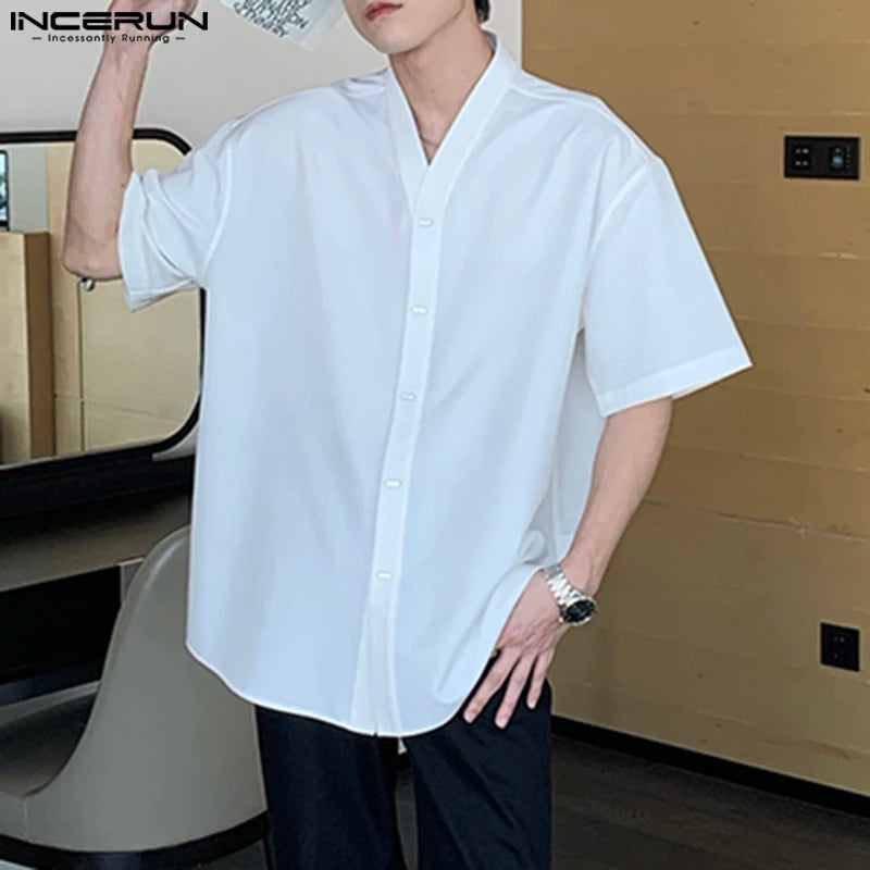 Fashion Well Fitting Tops INCERUN Men's Well Fitting V-neck Design Shirt Casual Streetwear Solid Short Sleeved Blouse S-5XL 2024