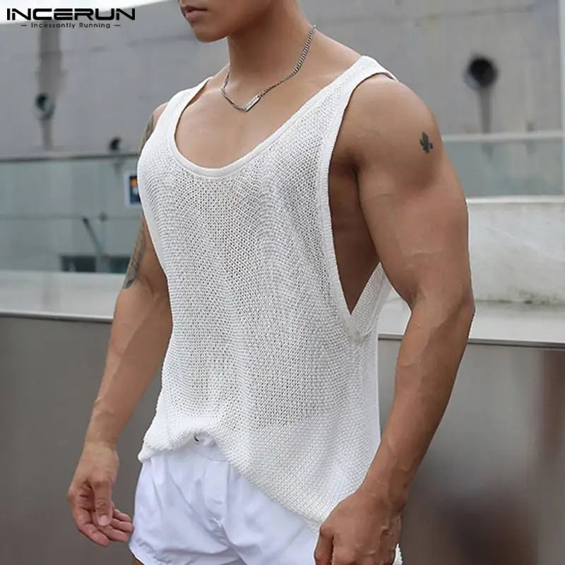 Männer Tank Tops Mesh Transparent Oansatz Ärmelloses Atmungsaktiv Sexy Männlichen Westen Solide Mode Streetwear 2023 Männer Kleidung INCERUN